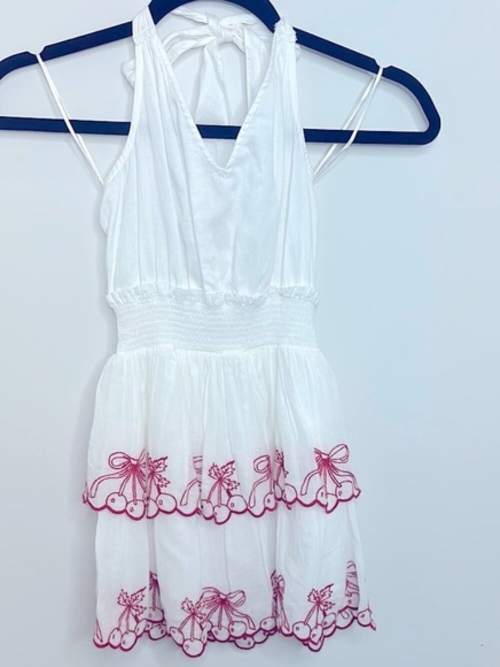 White Halter Dress with Red Embroidery